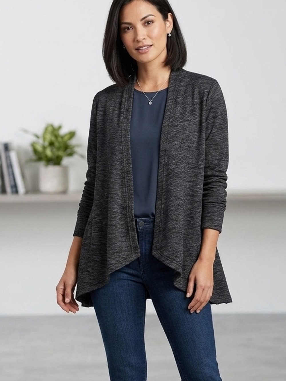 Eddie Bauer Womens Open Front Cardigan Sweater Charcoal Gray Heather Long Sleeve